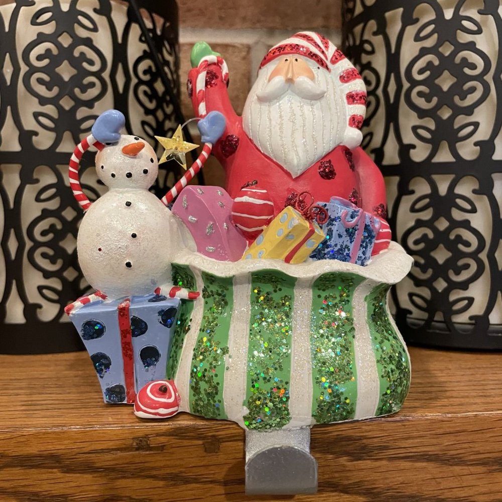 Christmas Stocking Holder Santa Bag of Presents Snowman Glitter Colorful NEW